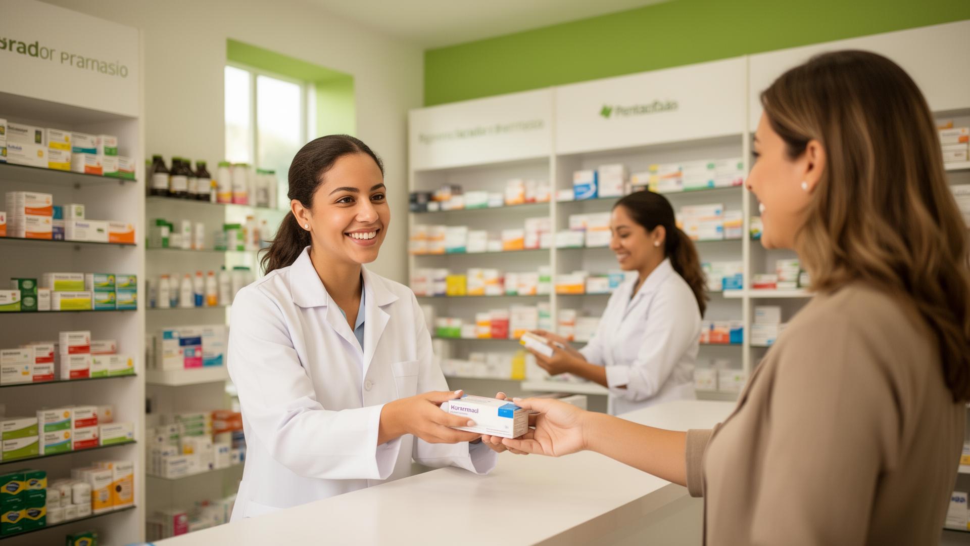 Farmacêutica da Pharmopatia entregando fórmula manipulada a um paciente